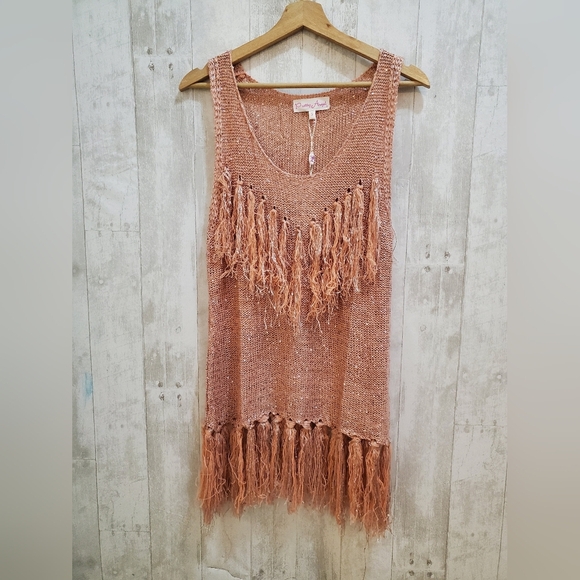 💚5/$25 NWT Pretty Angel Pink Crochet Knit Linen Blend Fringe Sequin Tank Small - Picture 7 of 7